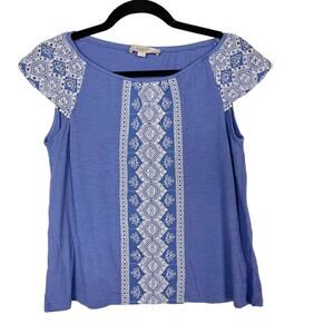 LOFT SP Small Petite Blue White Eyelet Embroidered Short Sleeve Top Boho Cotton